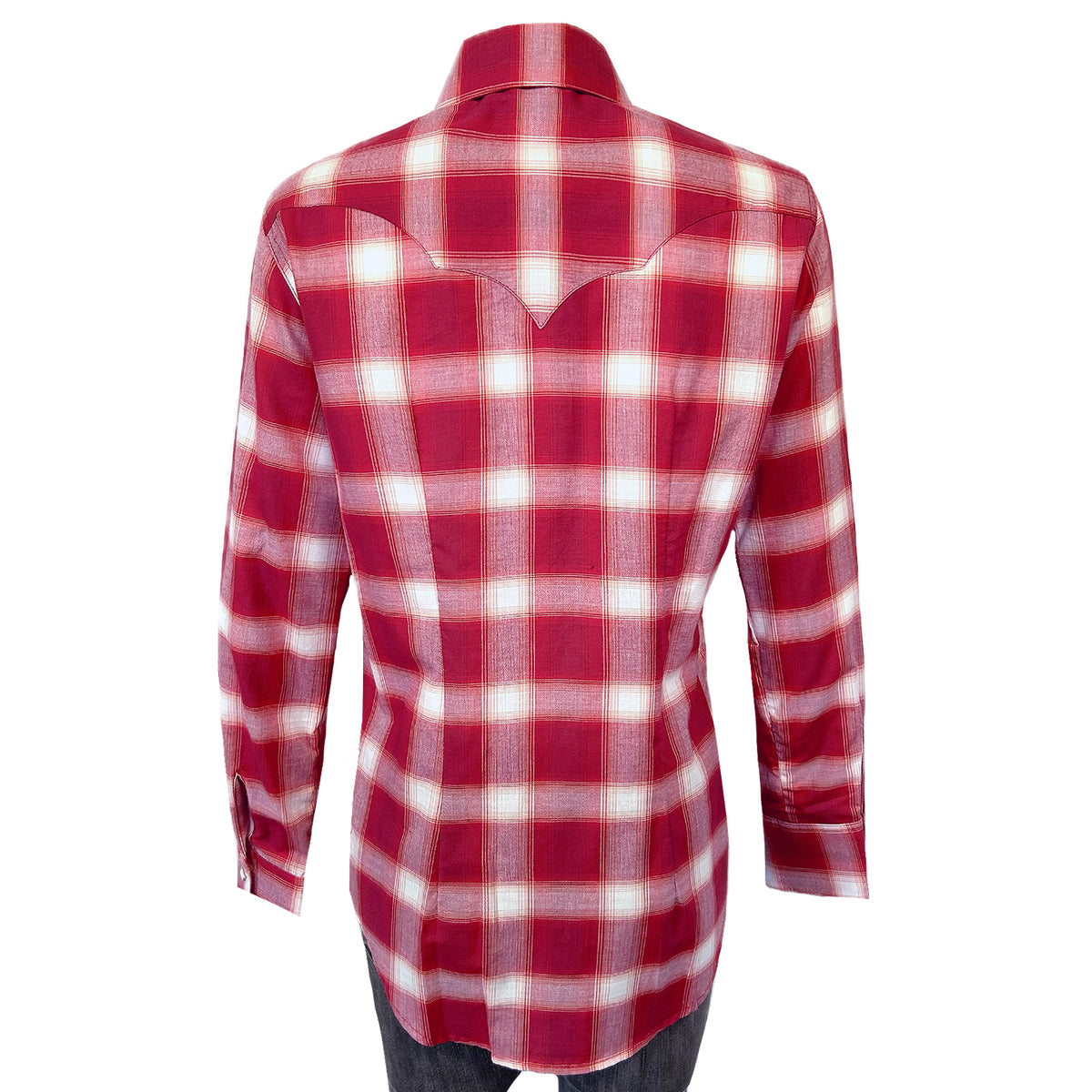 Women's Red and White Shadow Plaid Sawtooth Western Shirt by Rockmount Ranch Wear with sawtooth pocket and diamond snaps