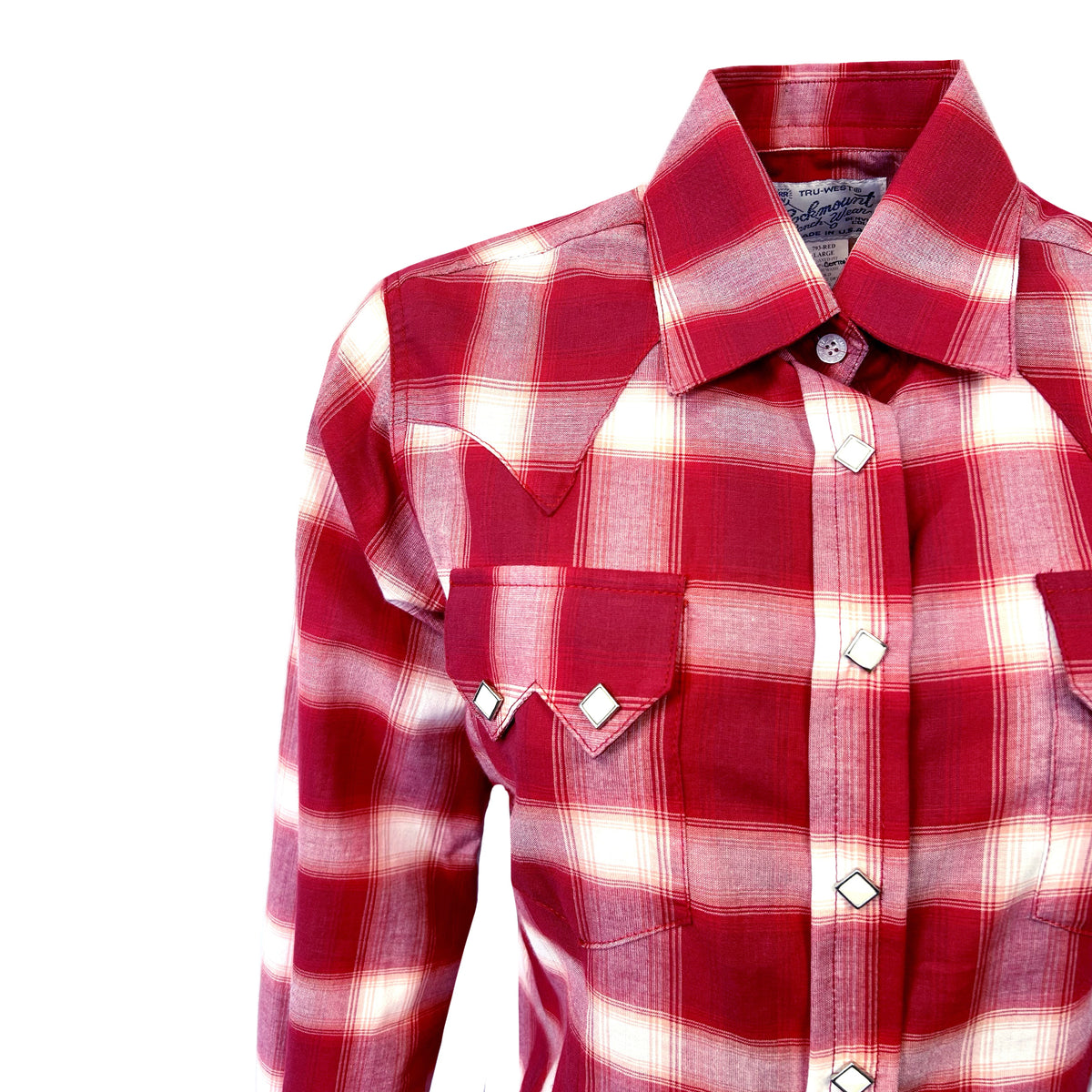 Women's Red and White Shadow Plaid Sawtooth Western Shirt by Rockmount Ranch Wear with sawtooth pocket and snaps