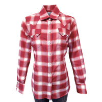 Women's Red and White Shadow Plaid Sawtooth Western Shirt by Rockmount Ranch Wear in vintage plaid with diamond snaps