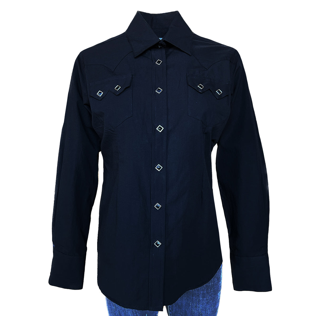 Women's Classic Pima Cotton Solid Black Western Shirt by Rockmount Ranch Wear with diamond snaps and sawtooth pockets