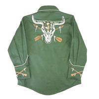 Kid's Vintage Green Steer Skull Arrow Chain Stitch Embroidered Western Shirt by Rockmount Ranch Wear with western shirt