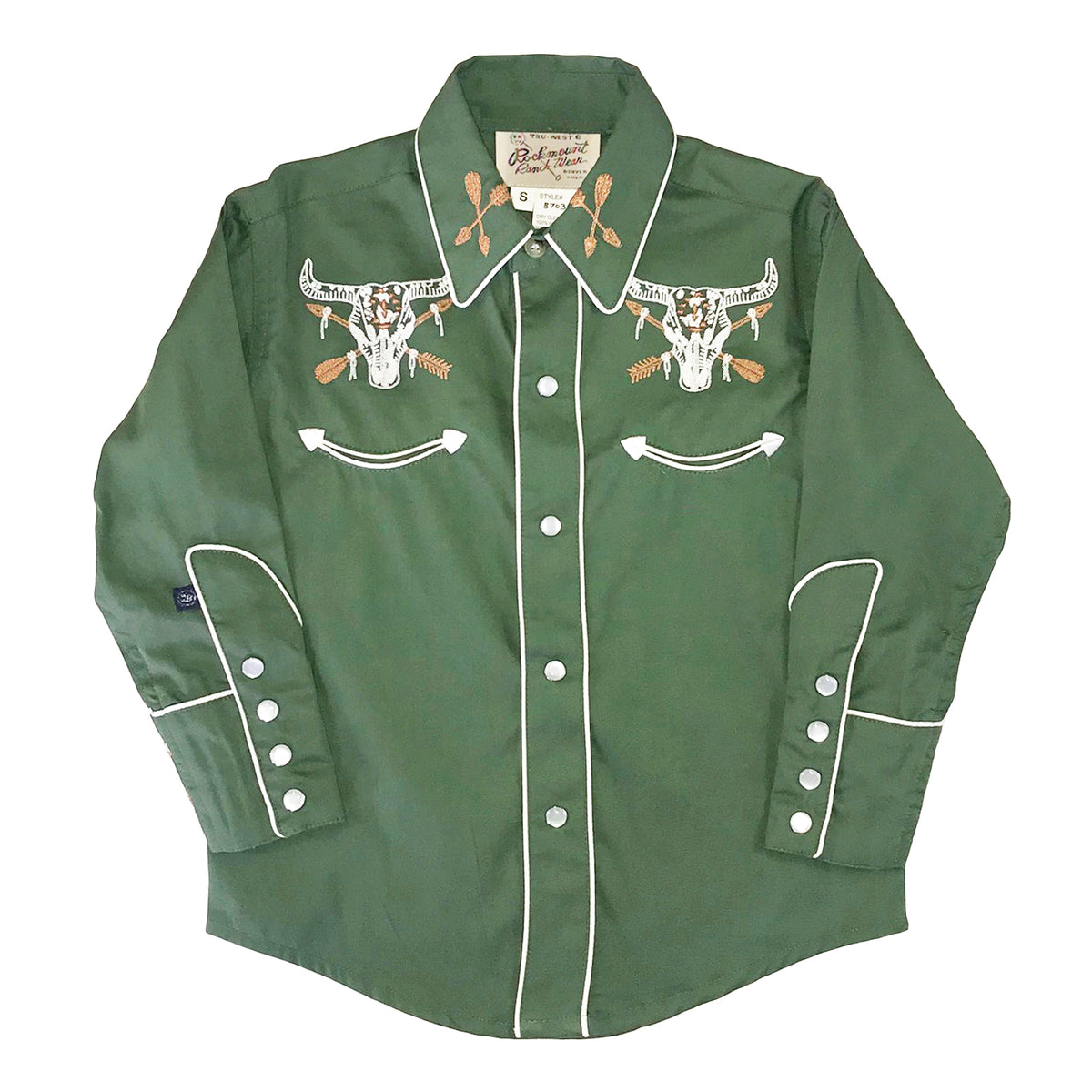 Kid's Vintage Green Steer Skull Arrow Chain Stitch Embroidered Western Shirt by Rockmount Ranch Wear, vintage fringe