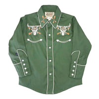 Kid's Vintage Green Steer Skull Arrow Chain Stitch Embroidered Western Shirt by Rockmount Ranch Wear, vintage fringe