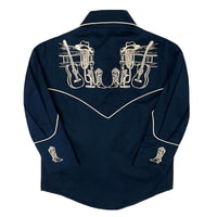 Kid's Vintage Navy Guitar Embroidered Western Shirt by Rockmount, vintage western wear with embroidered floral guitar design
