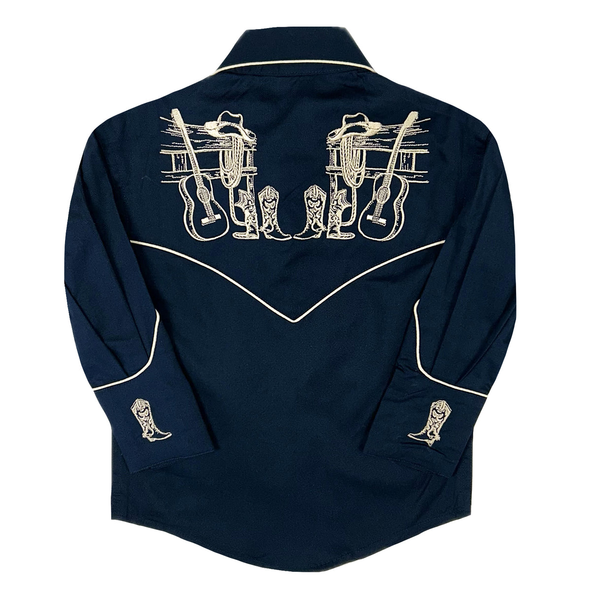 Kid's Vintage Navy Guitar Embroidered Western Shirt by Rockmount, vintage western wear with embroidered floral guitar design