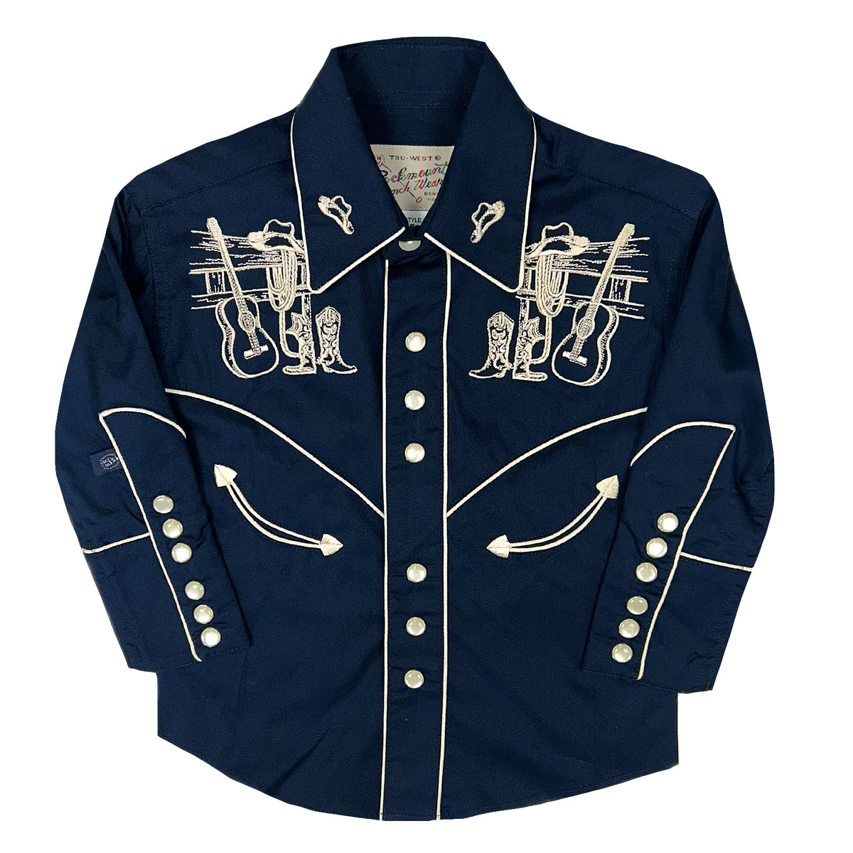 Kid's Vintage Navy Guitar Embroidered Western Shirt by Rockmount in vintage style, embroidered front with smile pockets