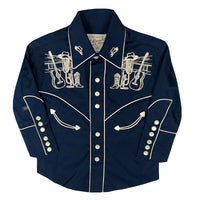Kid's Vintage Navy Guitar Embroidered Western Shirt by Rockmount in vintage style, embroidered front with smile pockets