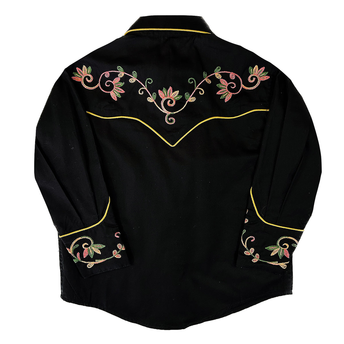 Kid's Vintage Black Variegated Floral Embroidered Western Shirt by Rockmount Ranch Wear with embroidered floral detail