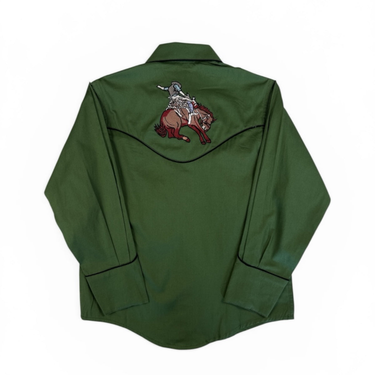 Kid's Green Iconic Bronc Embroidered Western Shirt by Rockmount Ranch Wear, vintage western shirt with embroidered bronc graphic