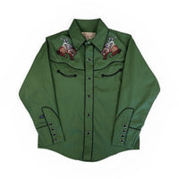 Kid's Green Iconic Bronc Embroidered Western Shirt by Rockmount Ranch Wear, green western wear with embroidered bronc graphic