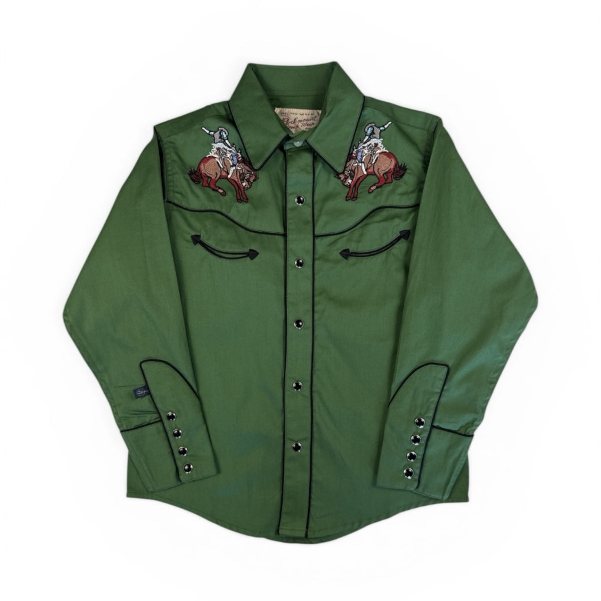 Kid's Green Iconic Bronc Embroidered Western Shirt by Rockmount Ranch Wear, green western wear with embroidered bronc graphic