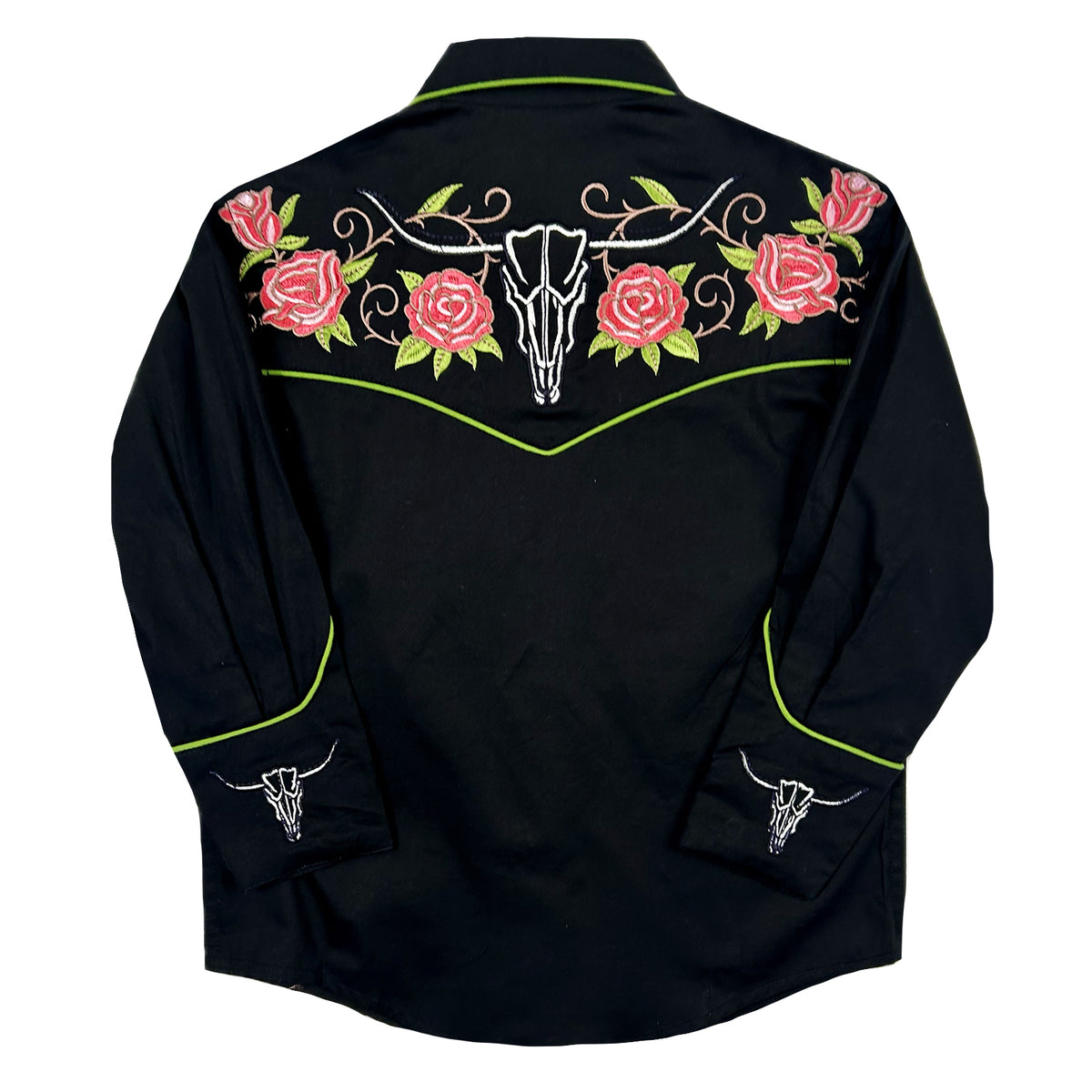 Kid's Black Longhorn and Floral Embroidered Western Shirt by Rockmount Ranch Wear with floral fringe