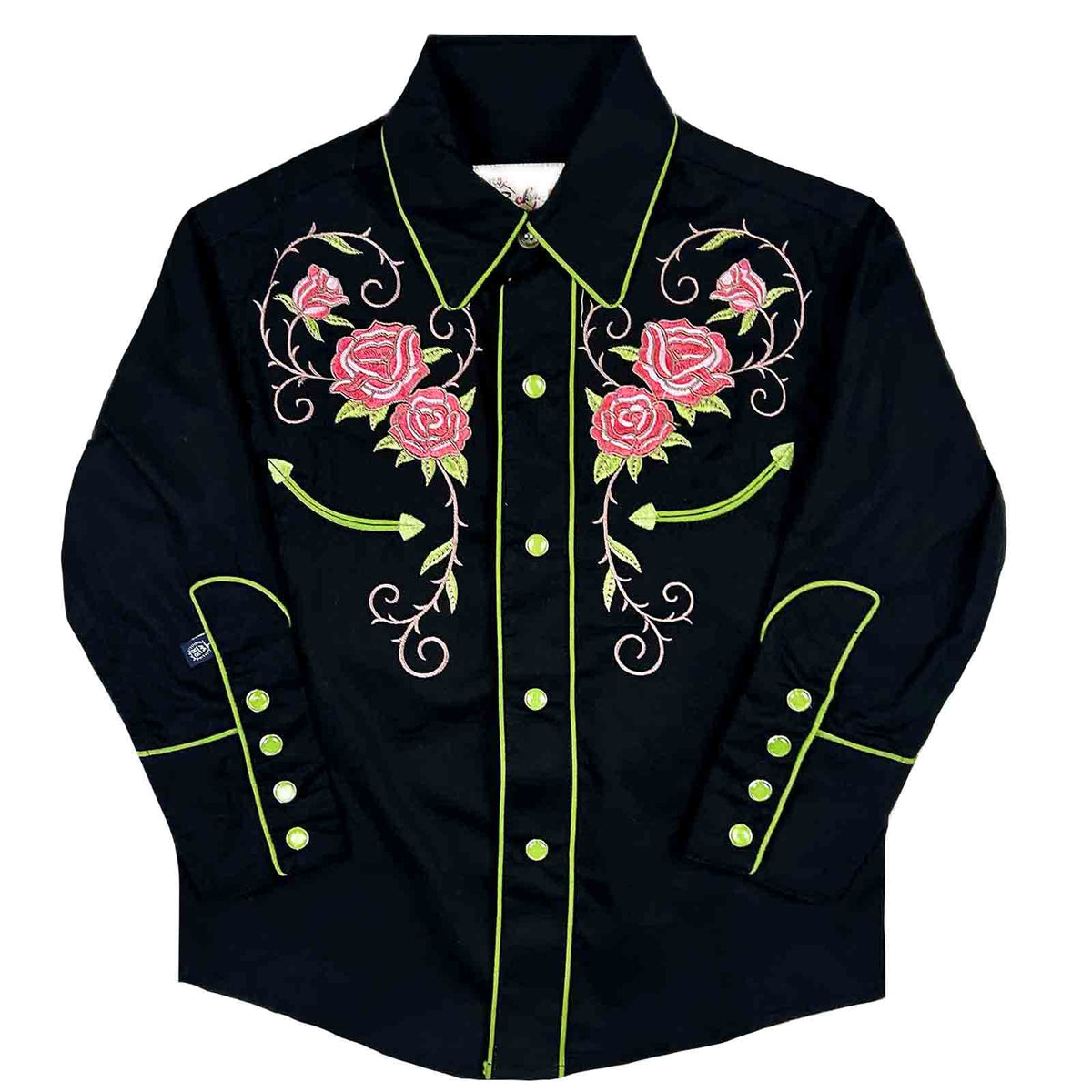 Kid's Black Longhorn and Floral Embroidered Western Shirt by Rockmount Ranch Wear with floral embroidery