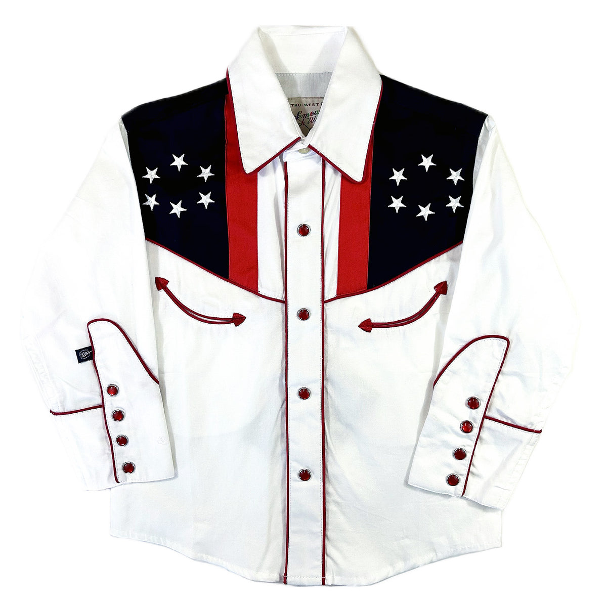 Kid's Vintage USA Flag and Eagle Embroidered Western Shirt by Rockmount Ranch Wear with red pearl snap front