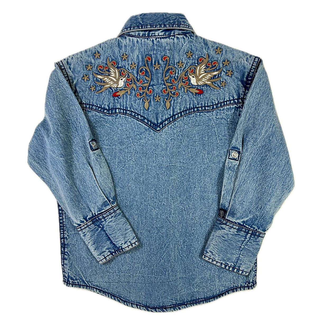 Kid's Denim Flying Swallows Embroidered Western Shirt by Rockmount Ranch Wear, vintage denim, embroidered western shirt