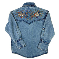 Kid's Denim Flying Swallows Embroidered Western Shirt by Rockmount Ranch Wear, vintage denim, embroidered western shirt