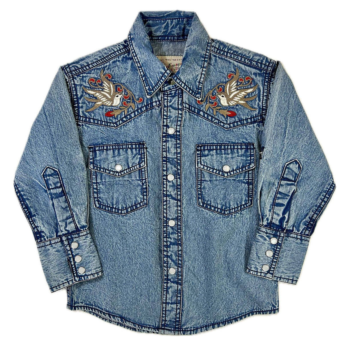Kid's Denim Flying Swallows Embroidered Western Shirt by Rockmount Ranch Wear in vintage denim with embroidered western shirt