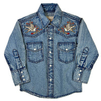 Kid's Denim Flying Swallows Embroidered Western Shirt by Rockmount Ranch Wear in vintage denim with embroidered western shirt