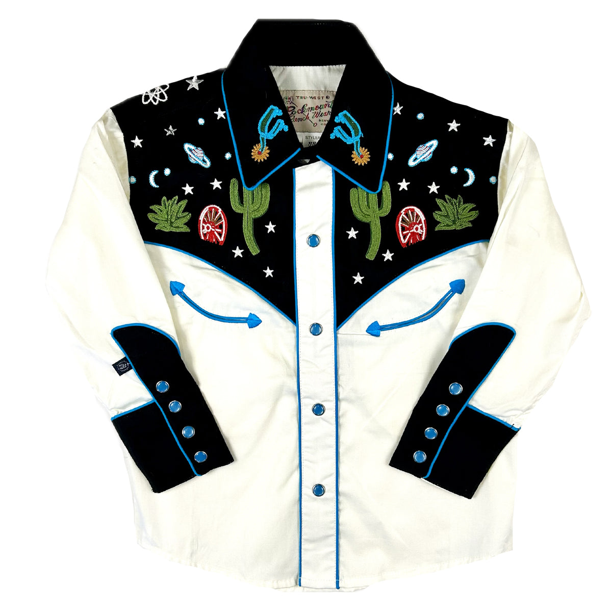 Kid's Vintage Black Cactus Stars Chain Stitch Embroidered Western Shirt by Rockmount Ranch Wear, fringe