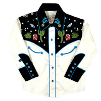 Kid's Vintage Black Cactus Stars Chain Stitch Embroidered Western Shirt by Rockmount Ranch Wear, fringe