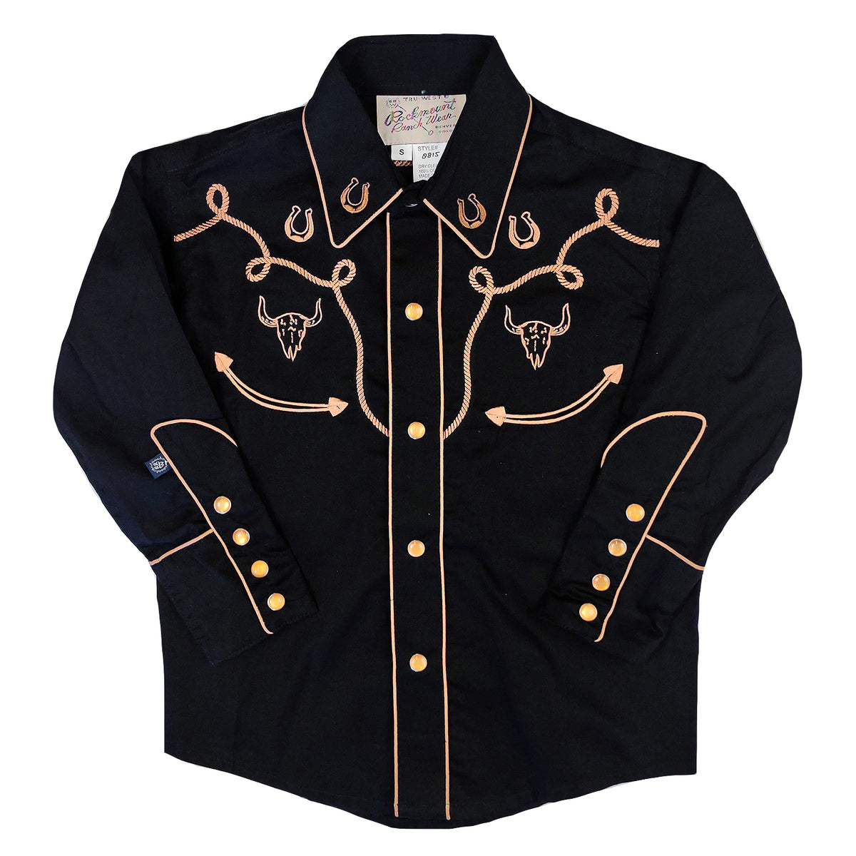 Kid's Black Embroidery Western Shirt Rockmount Ranch Wear with embroidered western shirt front and snap button placket