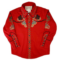 Rockmount Ranch Wear vintage western shirt in red with cactus and cowboy embroidery, snap button front