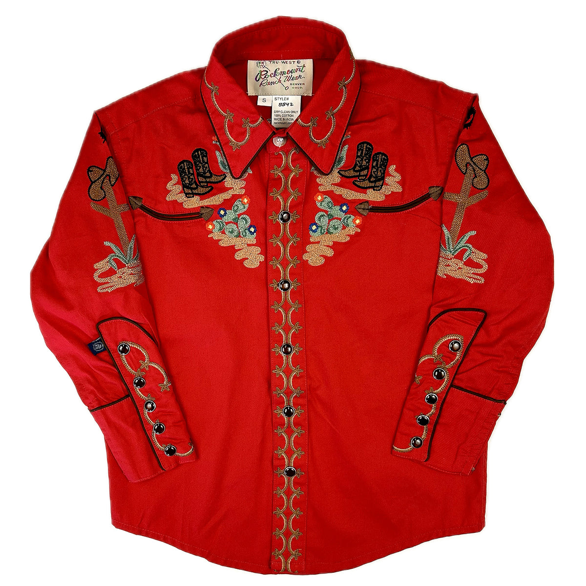 Rockmount Ranch Wear vintage western shirt in red with cactus and cowboy embroidery, snap button front