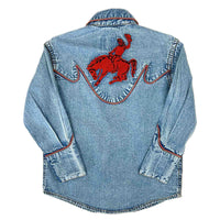 Kids Vintage Denim Bronc Embroidered Western Shirt by Rockmount Ranch Wear in vintage blue denim with embroidered bronc