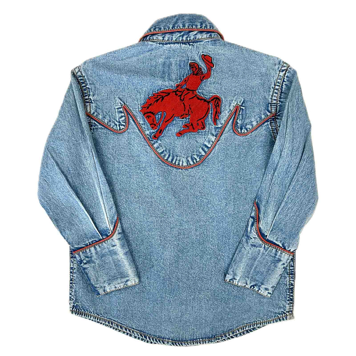 Kids Vintage Denim Bronc Embroidered Western Shirt by Rockmount Ranch Wear in vintage blue denim with embroidered bronc