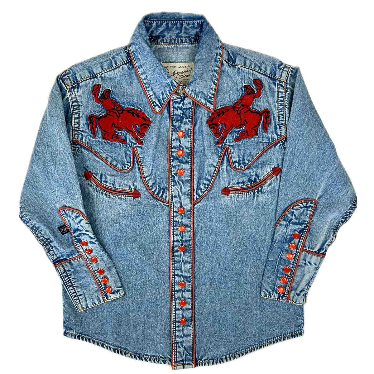 Kid's Vintage Denim Bronc Embroidered Western Shirt by Rockmount Ranch Wear in vintage blue with fringe