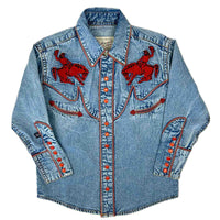 Kid's Vintage Denim Bronc Embroidered Western Shirt by Rockmount Ranch Wear in vintage blue with fringe