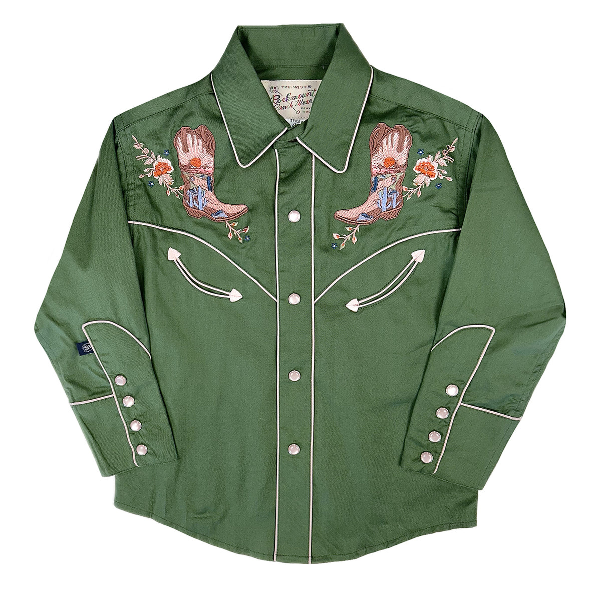 Kid's Green Sunrise Boot and Floral Embroidered Western Shirt by Rockmount, vintage floral embroidered western shirt