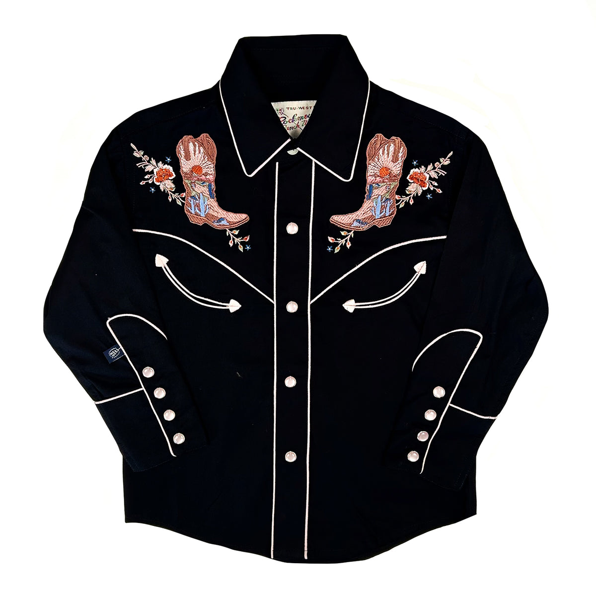 Kid's Black Sunrise Boot and Floral Embroidered Western Shirt by Rockmount, vintage western shirt with floral embroidery