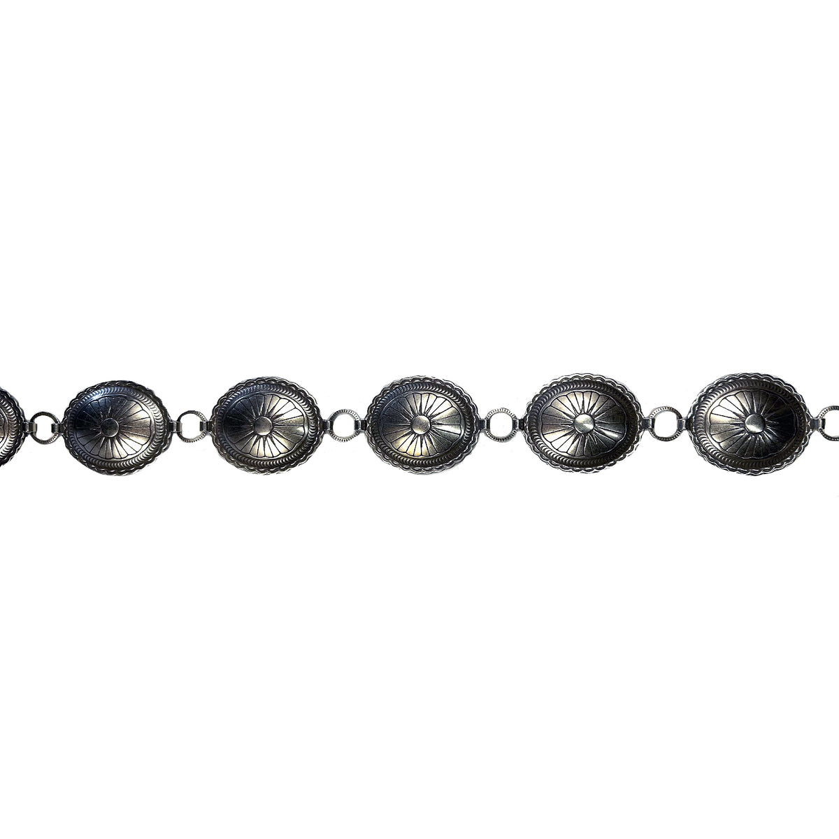Sunwest Silver Oval Concho Belt by Rockmount Ranch Wear with vintage oval conchos and silver metal detail