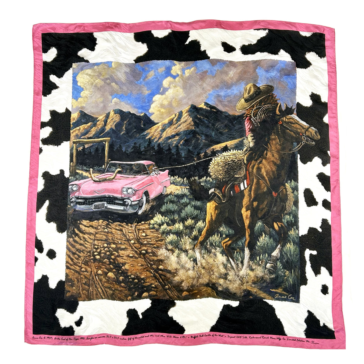 Buffalo Bill Scarf Pop Goes West by Rockmount Ranch Wear in vintage floral fringe with embroidered western art