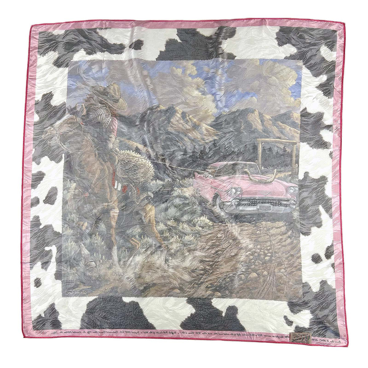 Buffalo Bill Scarf Pop Goes West by Rockmount Ranch Wear, vintage silk jacquard weave with fringe edges