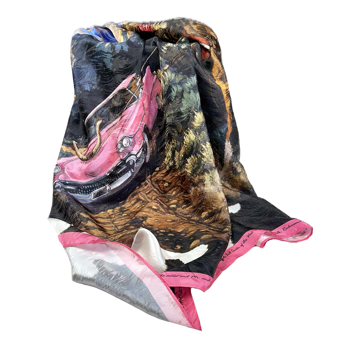 Buffalo Bill Scarf Pop Goes West by Rockmount Ranch Wear, 36 inch silk jacquard weave with western mural print