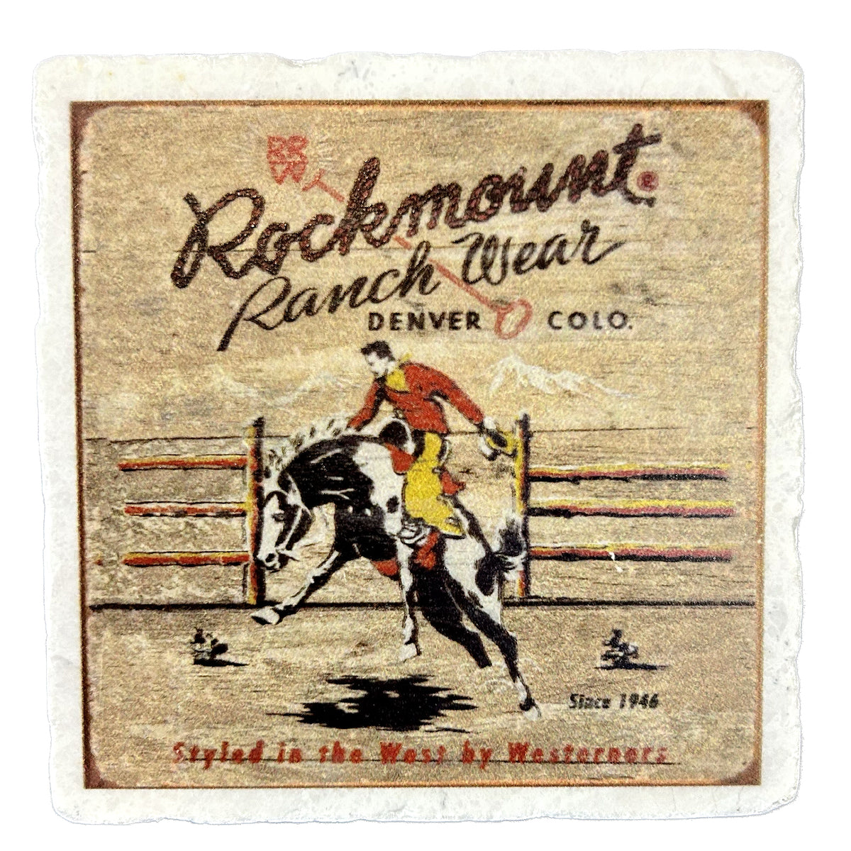 Rockmount Bronc Western Marble Coaster by Rockmount Ranch Wear, vintage marble coaster with felt backing