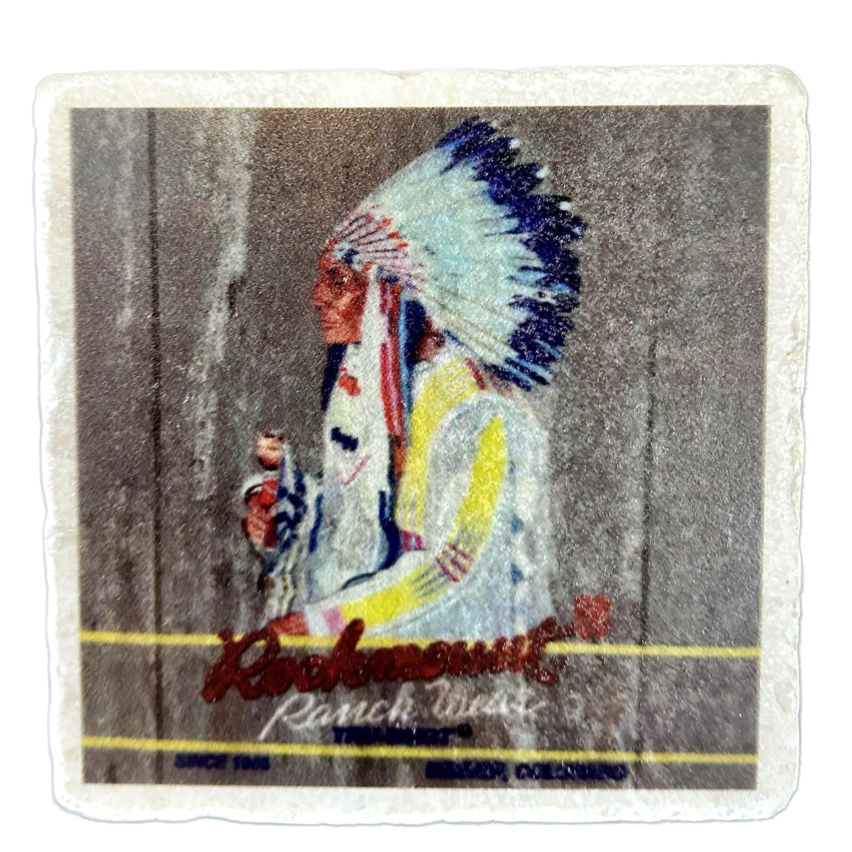 Vintage Indian Chief Western Marble Coaster by Rockmount Ranch Wear, 4 inch by 4 inch marble coaster
