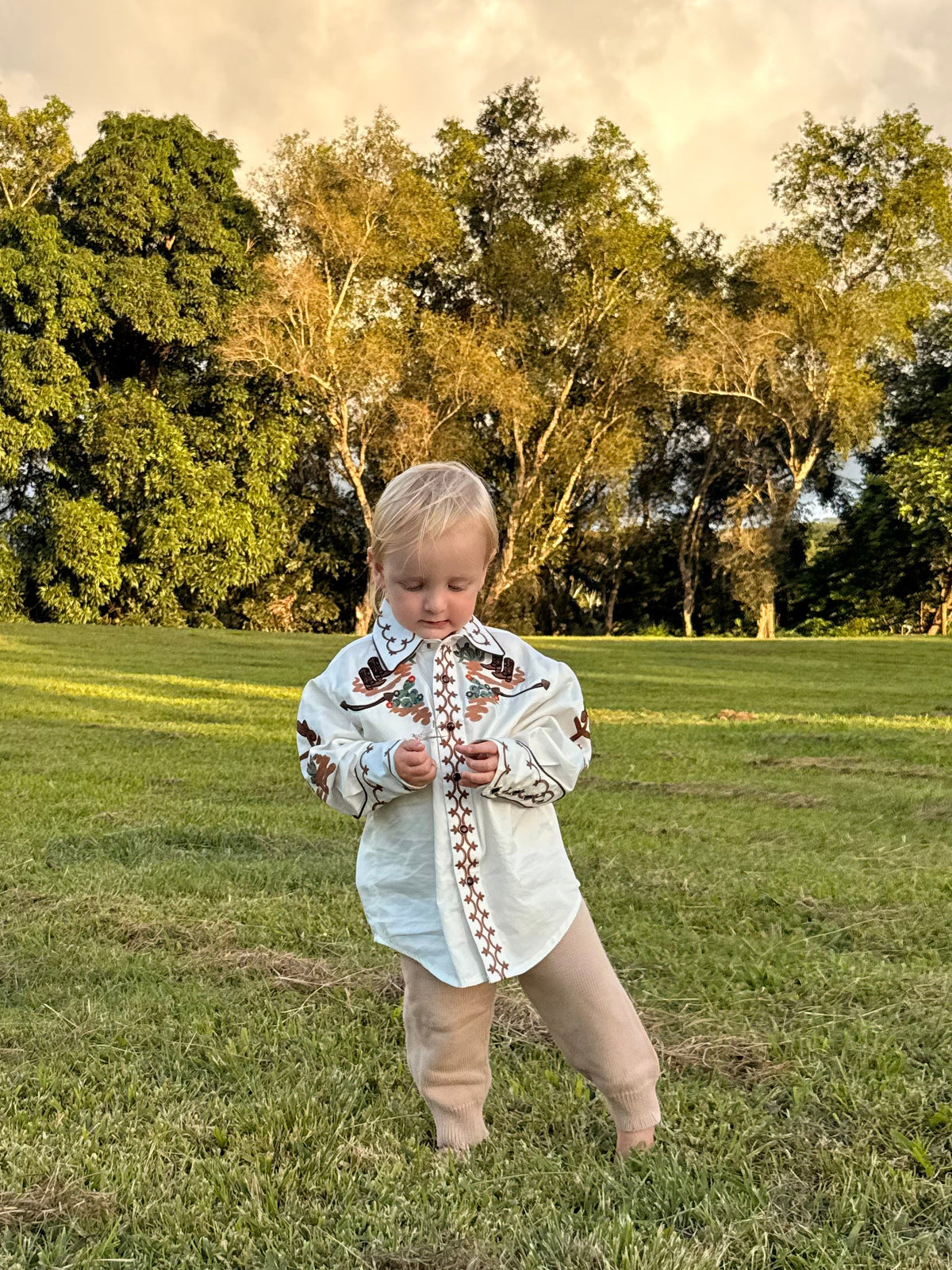 Kid's Ivory Cactus Cowboy Boots Embroidered Western Shirt by Rockmount Ranch Wear with chenille floral embroidery
