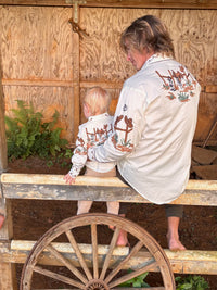 Men's Cactus and Cowboy Boots Embroidered Western Shirt by Rockmount Ranch Wear in vintage ivory with floral embroidery