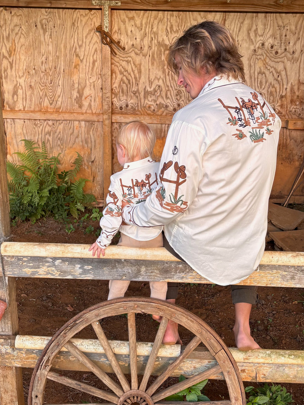 Men's Cactus and Cowboy Boots Embroidered Western Shirt by Rockmount Ranch Wear in vintage ivory with floral embroidery
