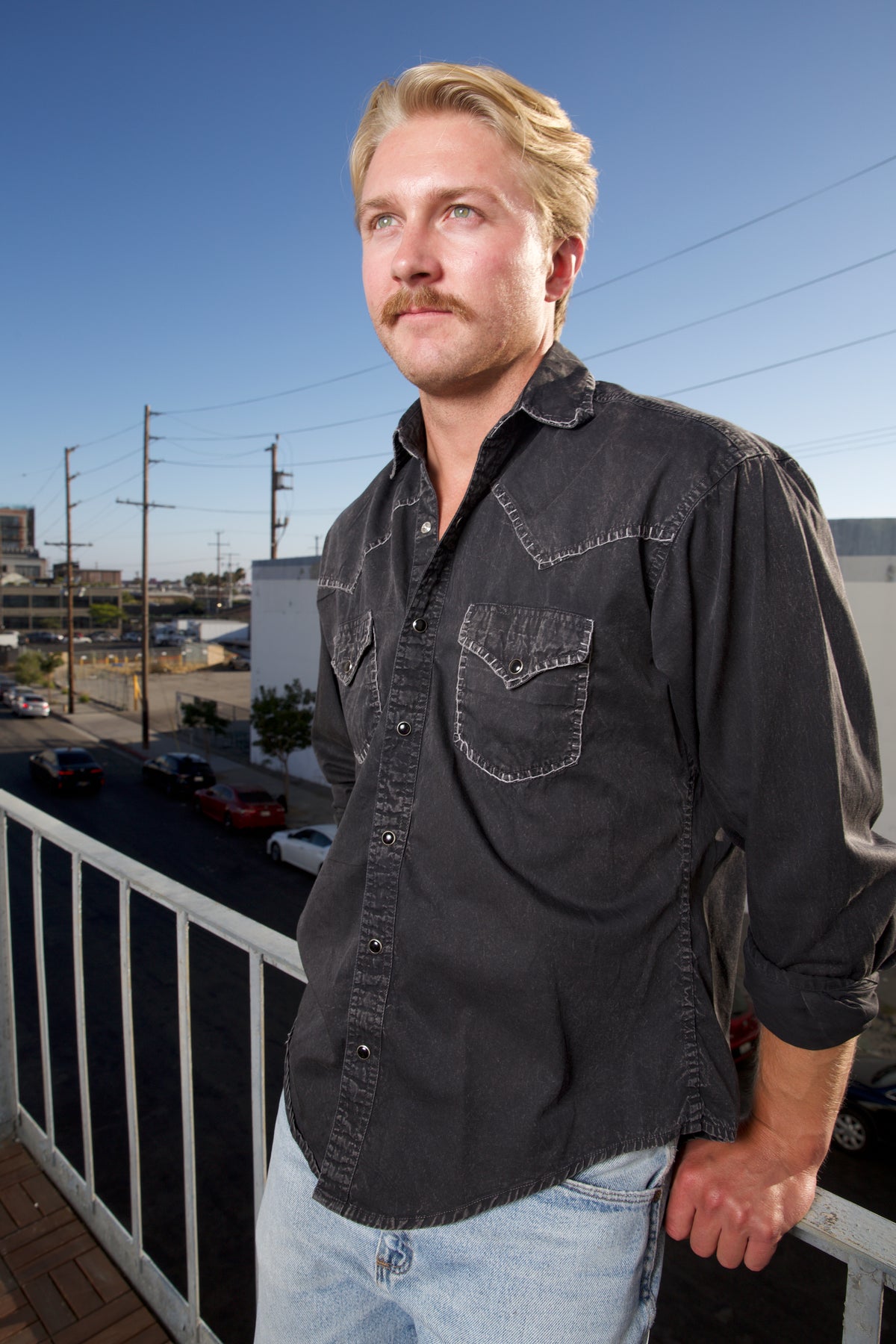 Men's Black Stonewashed Denim Blanket Stitch Western Shirt by Rockmount Ranch Wear with contrasting embroidery
