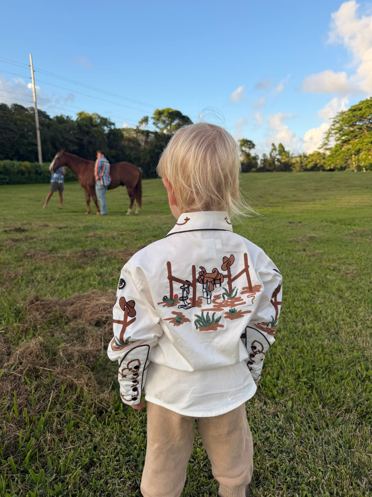 Kid's Ivory Cactus Cowboy Boots Embroidered Western Shirt by Rockmount Ranch Wear with chenille cactus print
