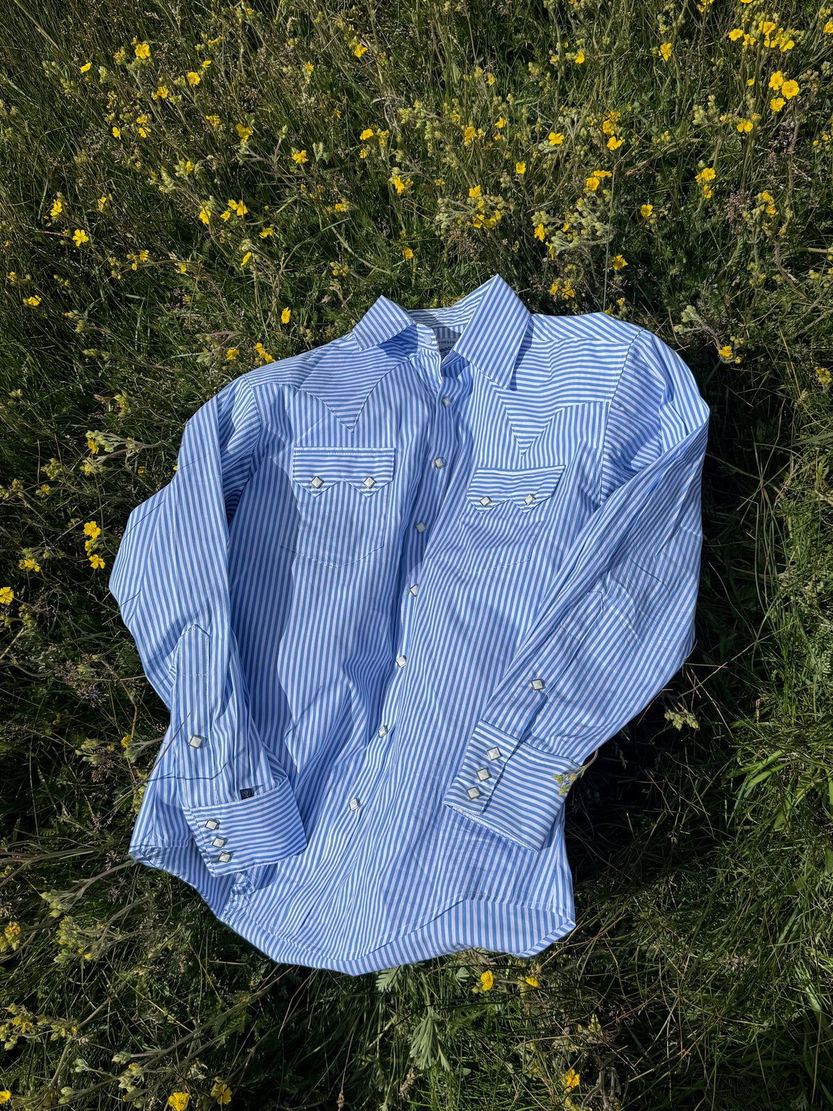 Men's Fine Blue Stripe Western Shirt by Rockmount Ranch Wear, vintage western snap shirt with sawtooth pocket