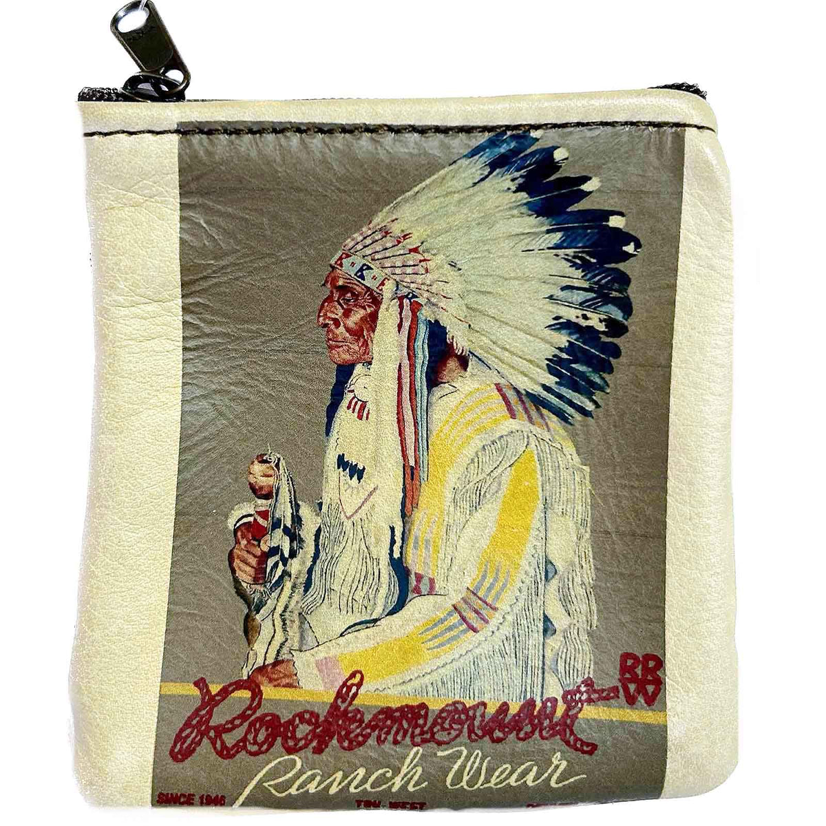 Vintage Indian Chief Leather Western Coin Purse by Rockmount Ranch Wear, genuine leather with Native art