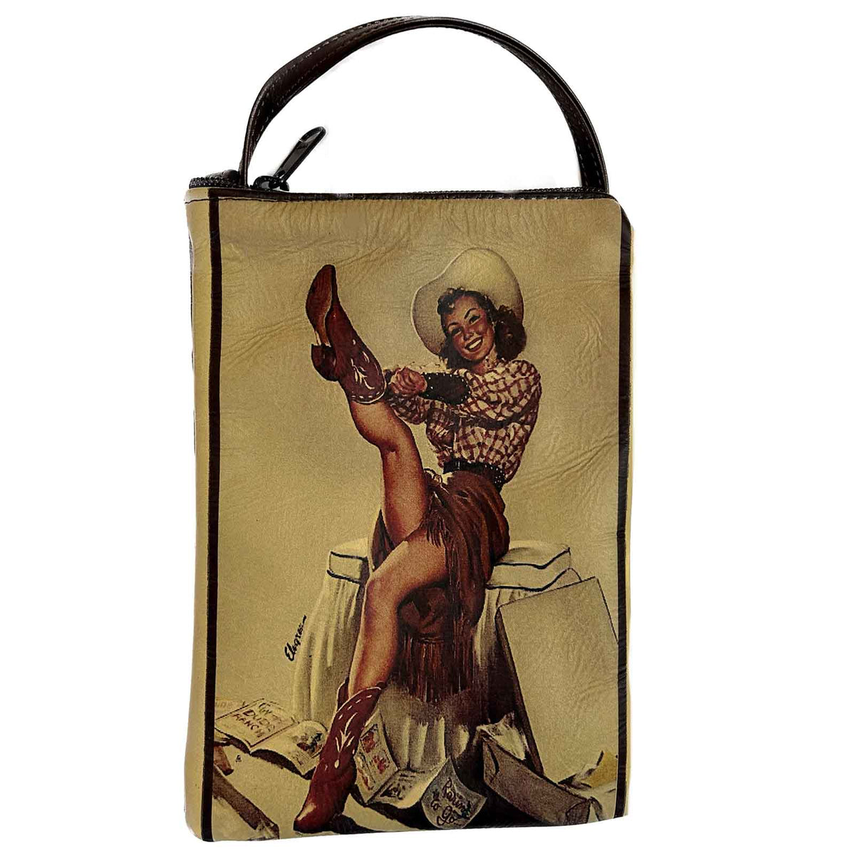 Pin Up Cowgirl In Boots Western Leather Purse by Rockmount Ranch Wear, handmade leather handbag with rockabilly artwork