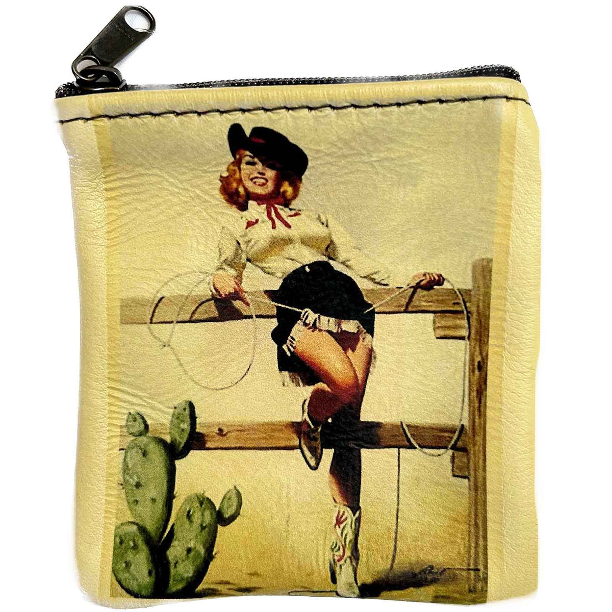 Rockmount Ranch Wear Pin-Up Cowgirl on Fence Leather Western Coin Purse, genuine leather coin purse