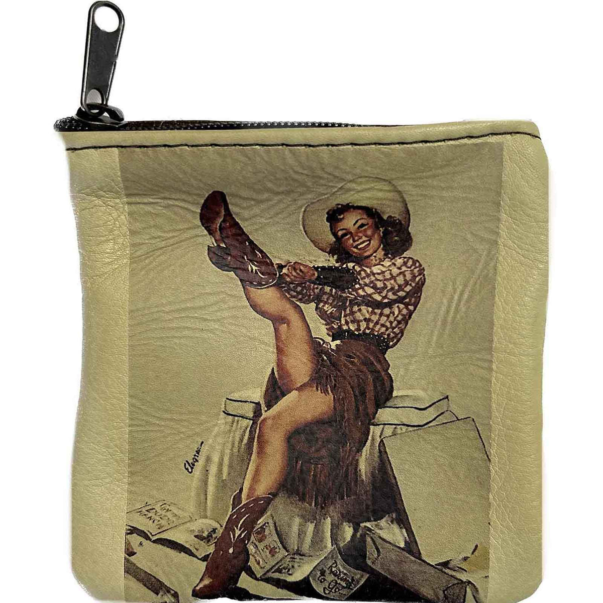 Pin-Up Cowgirl in Boots Leather Western Coin Purse by Rockmount Ranch Wear, genuine leather with front and back construction
