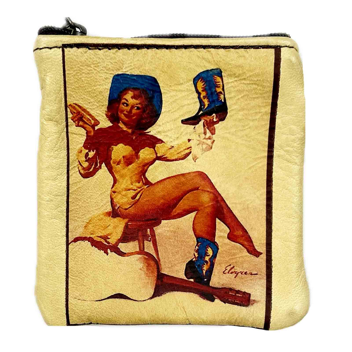 Pin-Up Cowgirl Boot Shine Leather Western Coin Purse by Rockmount Ranch Wear in vintage yellow with western print